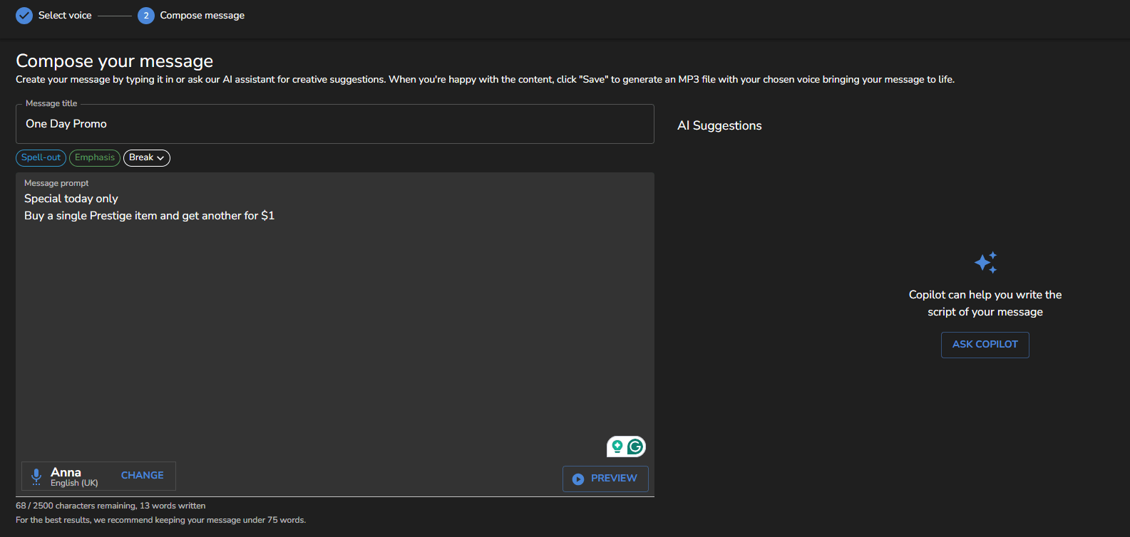 Muzicraft AI Messaging compose screen showing a promotional script and the selected voice