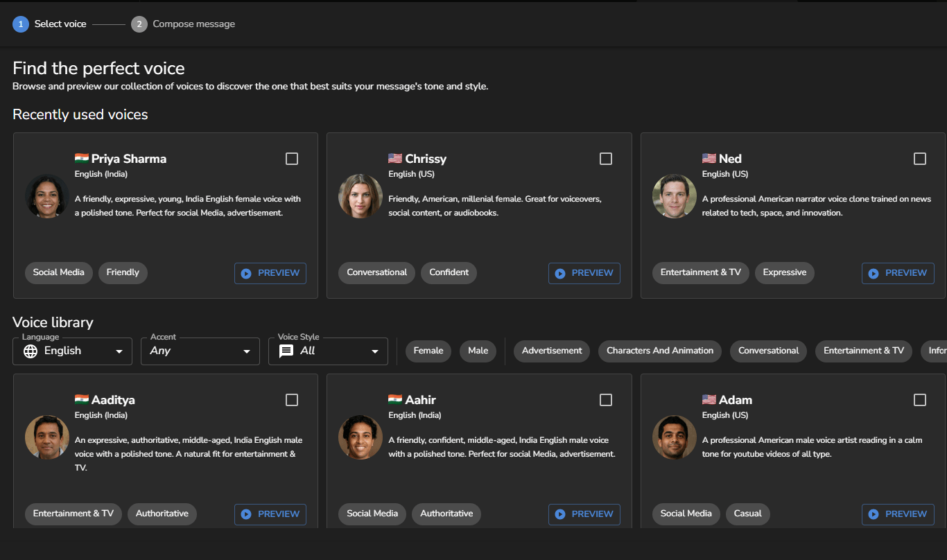 Muzicraft AI Messaging voice library screen
