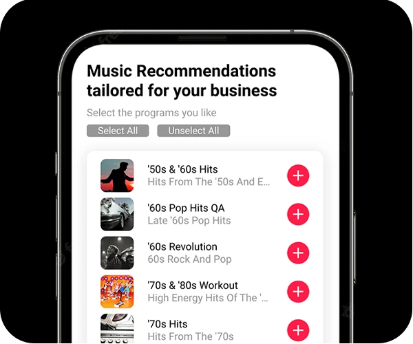 Business music app showing curated playlists