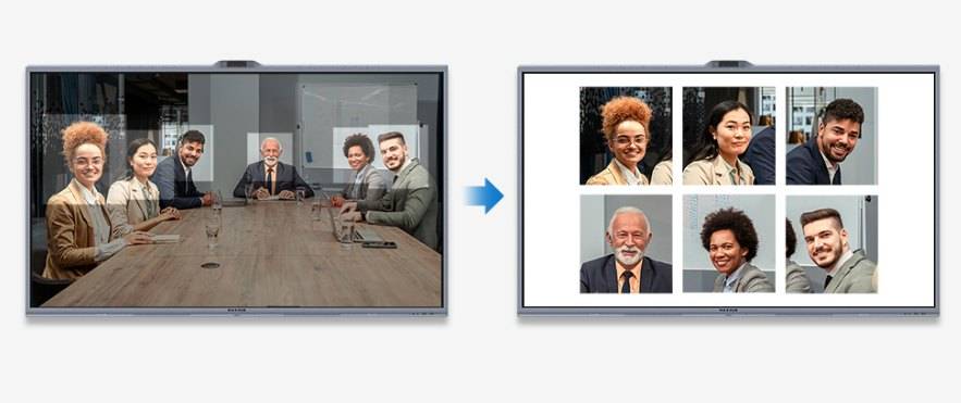 Conference camera auto-framing each person at the table